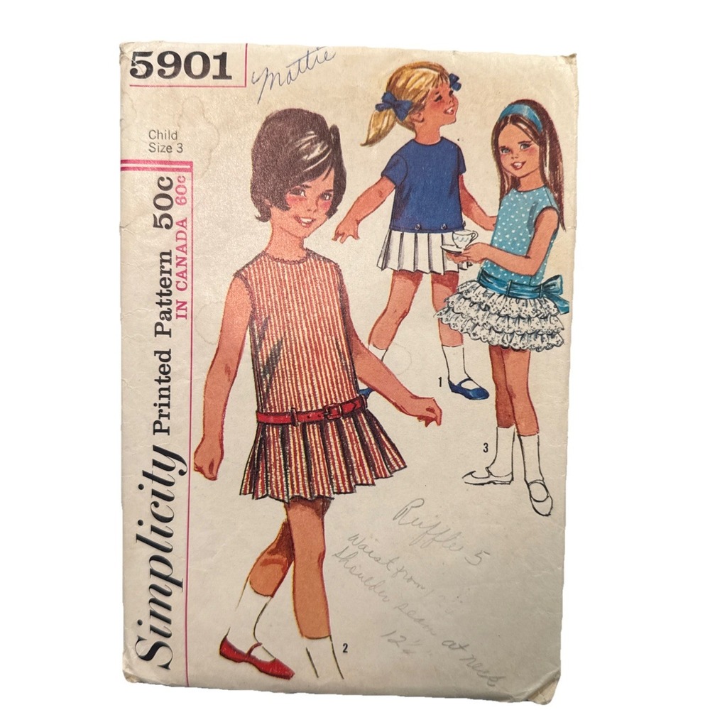 VTG 1965 Simplicity 5901 Child Dress‎ 3T Pleated Skirt CUT Drop Waist Fit Flare